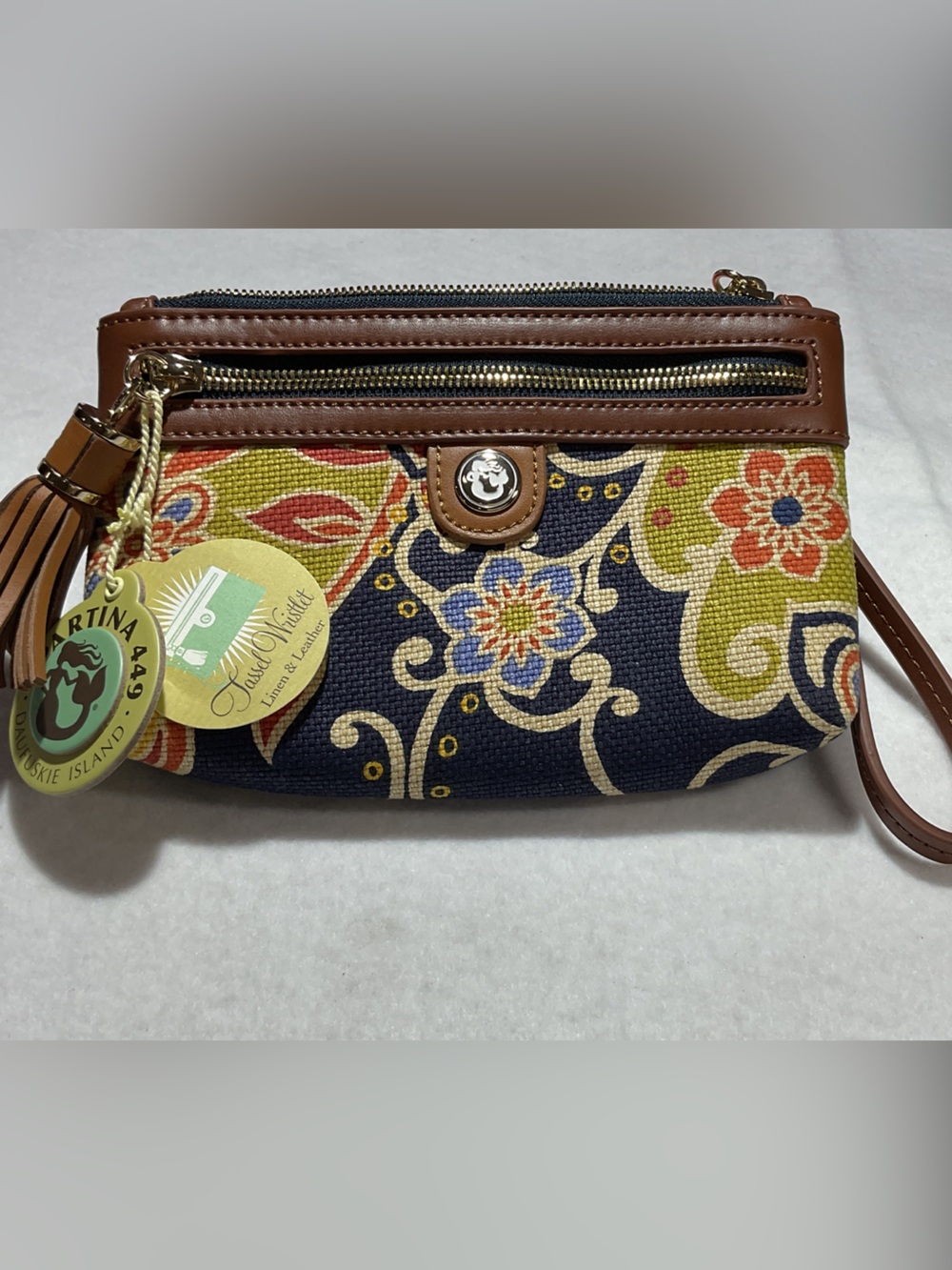 Spartina 449 Navy Floral Canvas Wristlet with Brown Trim
